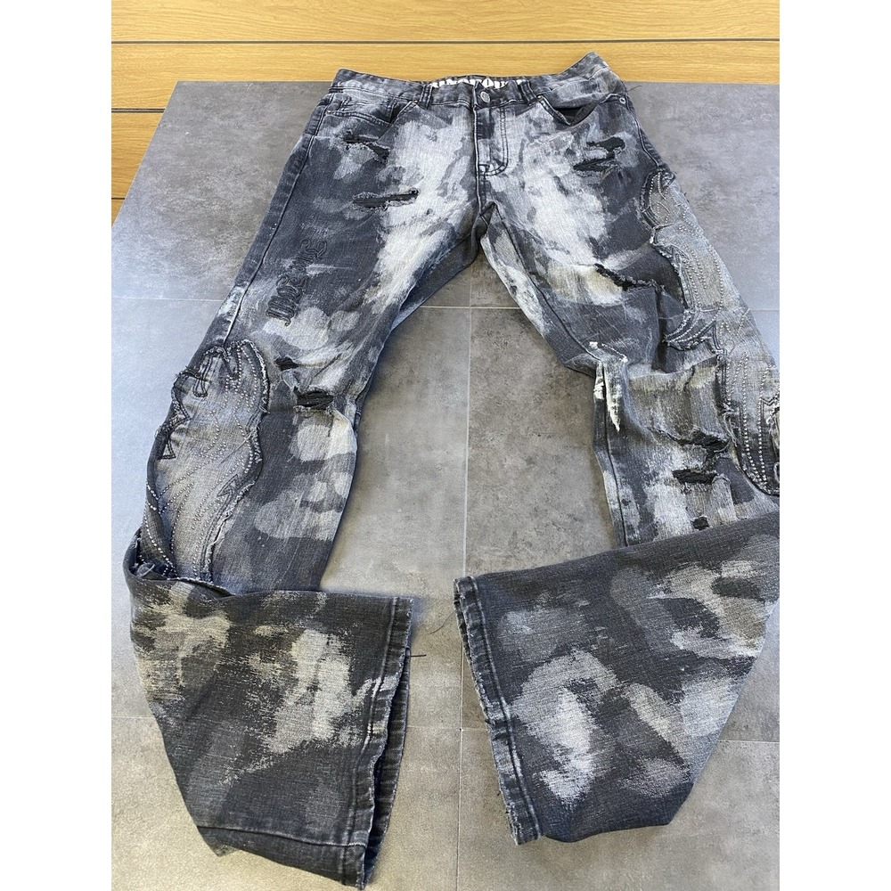 Grindhouse Men's Black Distressed Rhinestone Streetwear Rocker Slim Jeans 32x33